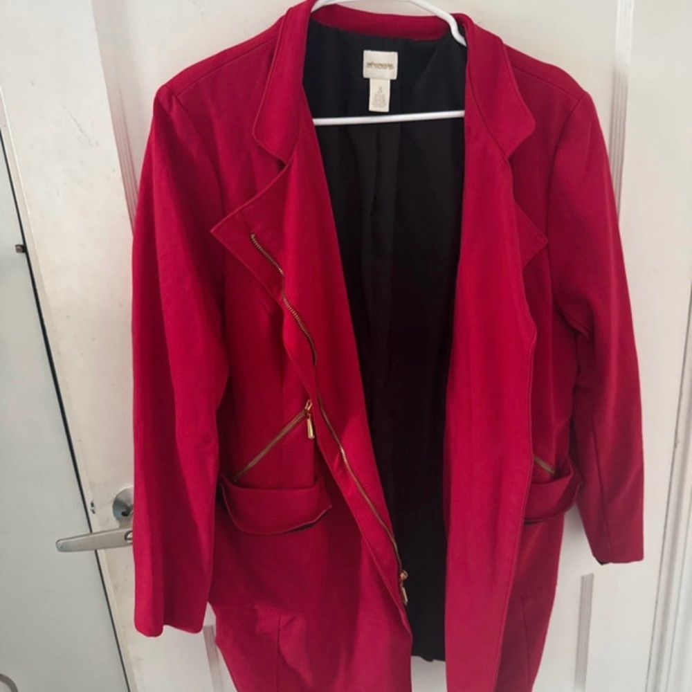 Chico's Bright Red Long Blazer with Gold Zipper Accents
